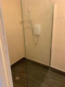 een douche met een glazen deur in een badkamer bij CAS Apartment in Kilcullen