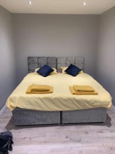een slaapkamer met een groot bed met gele lakens en blauwe kussens bij CAS Apartment in Kilcullen