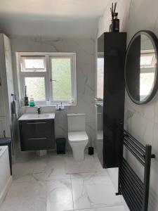 a bathroom with a sink and a toilet and a mirror at 35 Holborn road London E13 8PH Near EXCEL EXHIBITION CENTRE in London