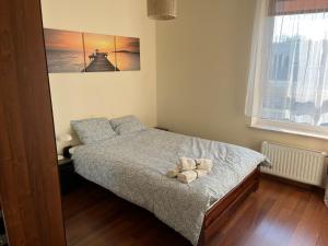 レギオノボにあるLegionowo 3 pokoje gen Boleslawa Roiのぬいぐるみが置かれたベッドのある寝室