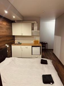 a bedroom with a large bed and a kitchen at EksPorta Apartments 6 in Rīga