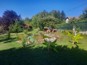 einen Garten mit einem Teich inmitten eines Gartens in der Unterkunft Villa Luna Misevici in Hadžići