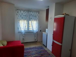 ein Wohnzimmer mit einem roten Sofa und einem Fenster in der Unterkunft Villa Luna Misevici in Hadžići + 25 Fotos