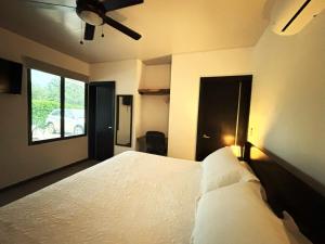a bedroom with a large white bed and a window at Amazilia Guesthouse in Liberia