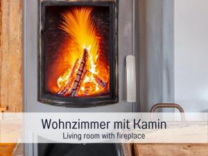 a room with a stove with a fire in it at Historisches Gerberhaus in Alpirsbach