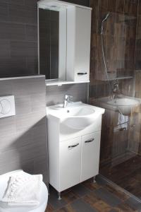 a bathroom with a sink and a toilet and a mirror at Captain's View in Dobra Voda +37 photos