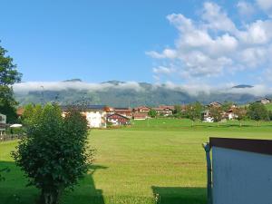 a green field with houses and mountains in the background at Bergblick-Seitz in Fischen