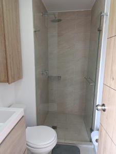 a bathroom with a shower with a toilet and a sink at Comodo Loft con vista al Skyline de Bogotá in Bogotá