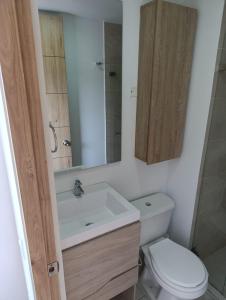 a bathroom with a toilet and a sink and a mirror at Comodo Loft con vista al Skyline de Bogotá in Bogotá
