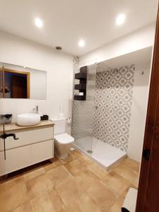 a bathroom with a toilet and a sink and a shower at Alojamiento Turístico Casa Los Laureles in Segovia +70 photos