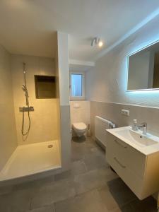 a bathroom with a sink and a shower and a toilet at Ferienhaus Naturtraum Eifel in Gerolstein