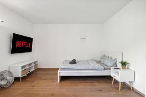 a bedroom with a bed and a white wall at Pearlstay - Quiet Location Workplace Parking Washer in Schaffhausen