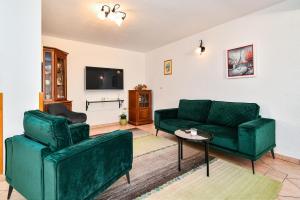 ein Wohnzimmer mit 2 grünen Sofas und einem Tisch in der Unterkunft Family friendly house with a parking space Bribir, Novi Vinodolski - 23378 in Bribir