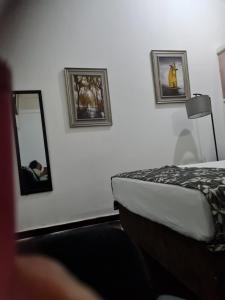 HopewellSky Beach Hotel的卧室里有一张床，墙上挂着两幅画