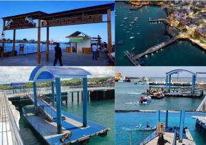 a collage of photos of a pier with people on a boat at Departamento en San Cristóbal a 5 minutos del malecón, con 2 habitaciones, 4 camas, sala de estar, área de comedor, cocina equipada y excelente ubicación - Marysol - Galápagos Home in Puerto Baquerizo Moreno
