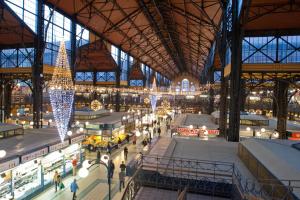 a view of a shopping mall with a christmas tree at Diana Apartment On Váci Utca in Budapest