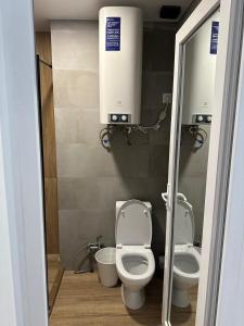 a bathroom with two toilets and a water tank at nateli sakhli Gonio in Batumi +4 photos