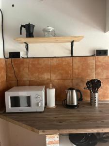 a microwave on a wooden shelf in a kitchen at La Posada De Alanah in Candeleda