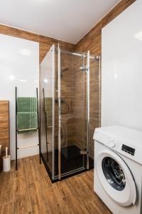eine Waschmaschine in einem Badezimmer mit Dusche in der Unterkunft Apartament przy plaży in Gąski