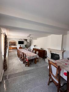 a dining room with a table and chairs and a fireplace at Pensiunea Dorina in Botiza