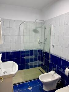 a bathroom with a shower and a sink and a toilet at Eden Apartment in Pogradec +2 photos
