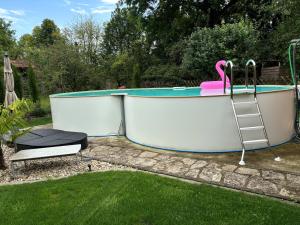 a pool with a ladder and a pink flamingo at Galeriehaus in Münnerstadt