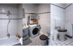 a bathroom with a toilet a sink and a washing machine at Alt Mölln, Wohnung 10 in Alt Mölln +7 photos