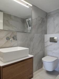 a bathroom with a white sink and a toilet at Seafront Apartment Pefkochori in Pefkochori
