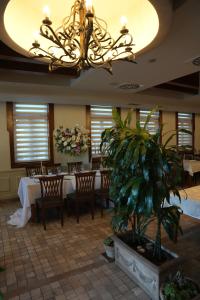 a dining room with a table and a chandelier at Comfort Lodge in Stari Banovci