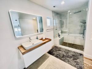 a white bathroom with a sink and a shower at Aspen Alcove - Amazing Views Private Hot Tub in Park City +41 photos