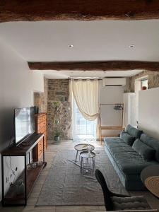 a living room with a couch and a television at Studio avec piscine in Nîmes +14 photos