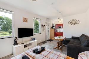 a living room with a couch and a tv at Ferienhaus Sonne in Nordhausen