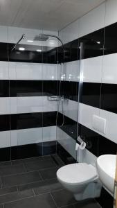 a black and white bathroom with a toilet and a shower at good bed biberist in Biberist