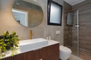 une salle de bain avec un lavabo et un miroir et des toilettes dans l'établissement אסיה ריזורט-Asia resort, à Mishmār Hāyardin 79 autres photos