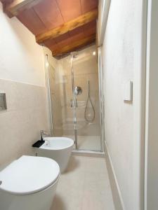 Un baño con ducha, inodoro y lavabo. en Appartamento Pagal, en Pietrasanta