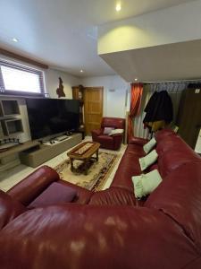a living room with a leather couch and a television at Fomed in Brussels