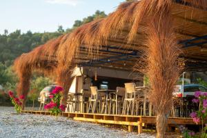a restaurant with chairs and a straw roof at Blue Camping in Borsh, Vlorë in Borsh