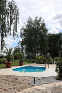 a small swimming pool in a yard with trees at Weingut Lahmer August Appartment Rebstock in Kretzschau