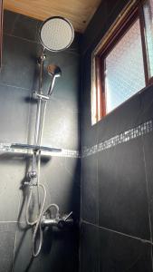 a shower in a bathroom with a shower head at Cabaña Recinto Valle Las Trancas in Recinto +26 photos
