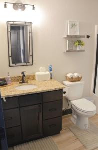 a bathroom with a toilet and a sink and a mirror at Hot Tub & Panoramic Views Bear Butte &Buffalo Chip in Sturgis