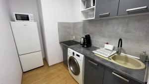 a kitchen with a sink and a washing machine at ApartmentsByMatyrafa-IX in Tarnowskie Góry