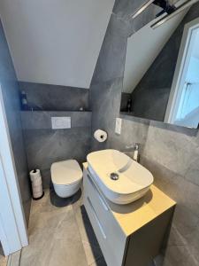 a bathroom with a sink and a toilet and a mirror at Homes by the C in Zandvoort +73 photos