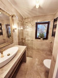 a bathroom with a sink and a toilet and a mirror at Domek wakacyjny in Lubin