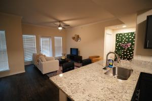 a kitchen and living room with a counter top at Charming 2 bedroom, 2 bath apartment in Austin