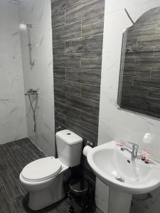 a bathroom with a toilet and a sink at Апартаменти за гости Сузи in Zavoya