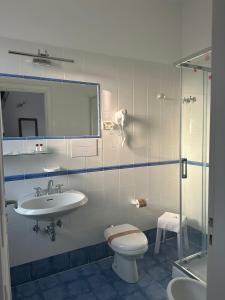 a bathroom with a toilet and a sink and a shower at Hotel America in Marina di Camerota