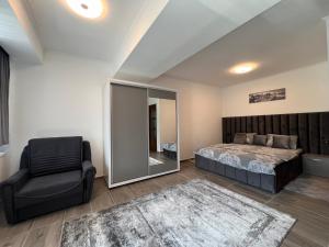 a bedroom with a bed and a chair and a mirror at Temple of the Sights in Buşteni