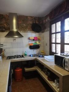 una cucina con lavello e microonde di La Cabaña de Piedra a Ruidera