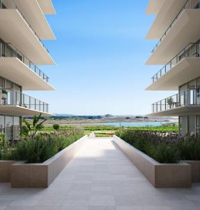 a rendering of a walkway between two buildings at DLux Terrace Cond Bayline Pool & SPA in Armação de Pêra