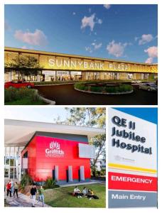 two pictures of a building with people in front of it at Spacious Central located Family House at Sunnybank in Brisbane